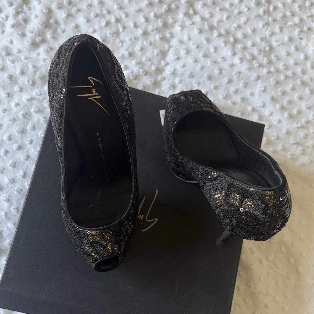 Giuseppe Zanotti Black Sequin Peep-Toe Heels